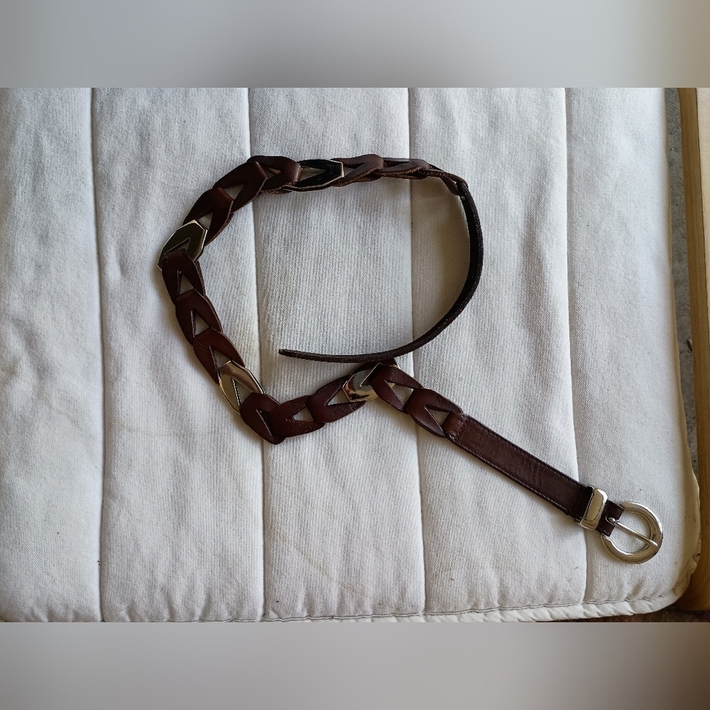 Brown Leather And Silver Metal Chain Link Style Belt with Silver Buckle - Picture 4 of 5